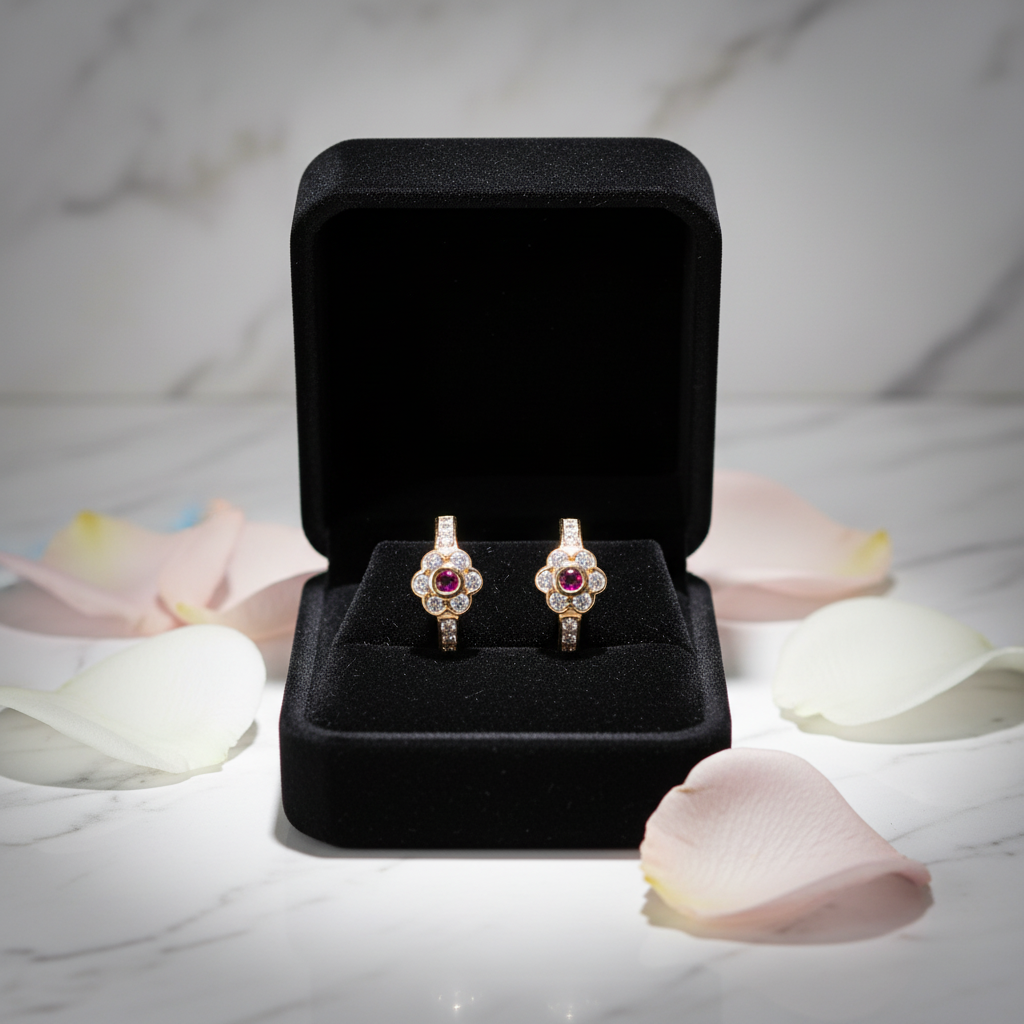 14K Solid Gold Flower-Embossed Earrings with Pink & Clear CZ β Dainty Floral Sparkle