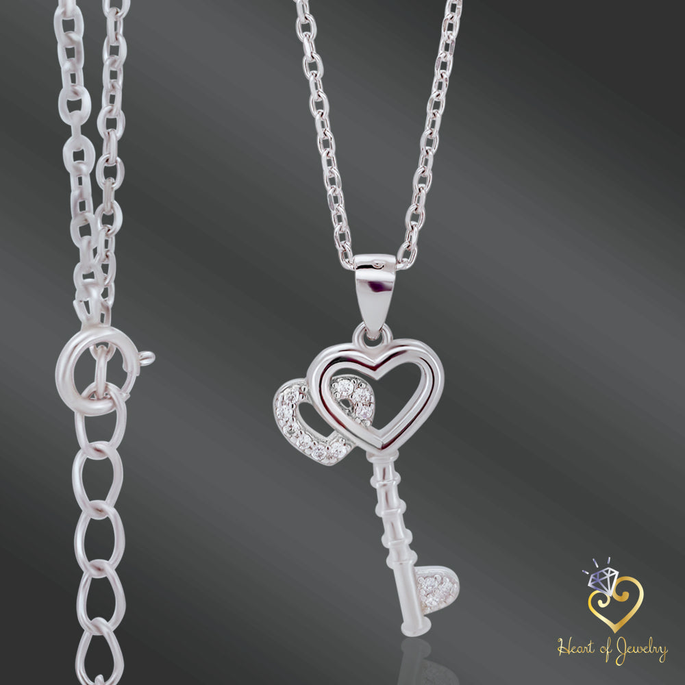 Double Heart Key Necklace in 925 Sterling Silver β 16" + 1" Adjustable Cable Link Chain