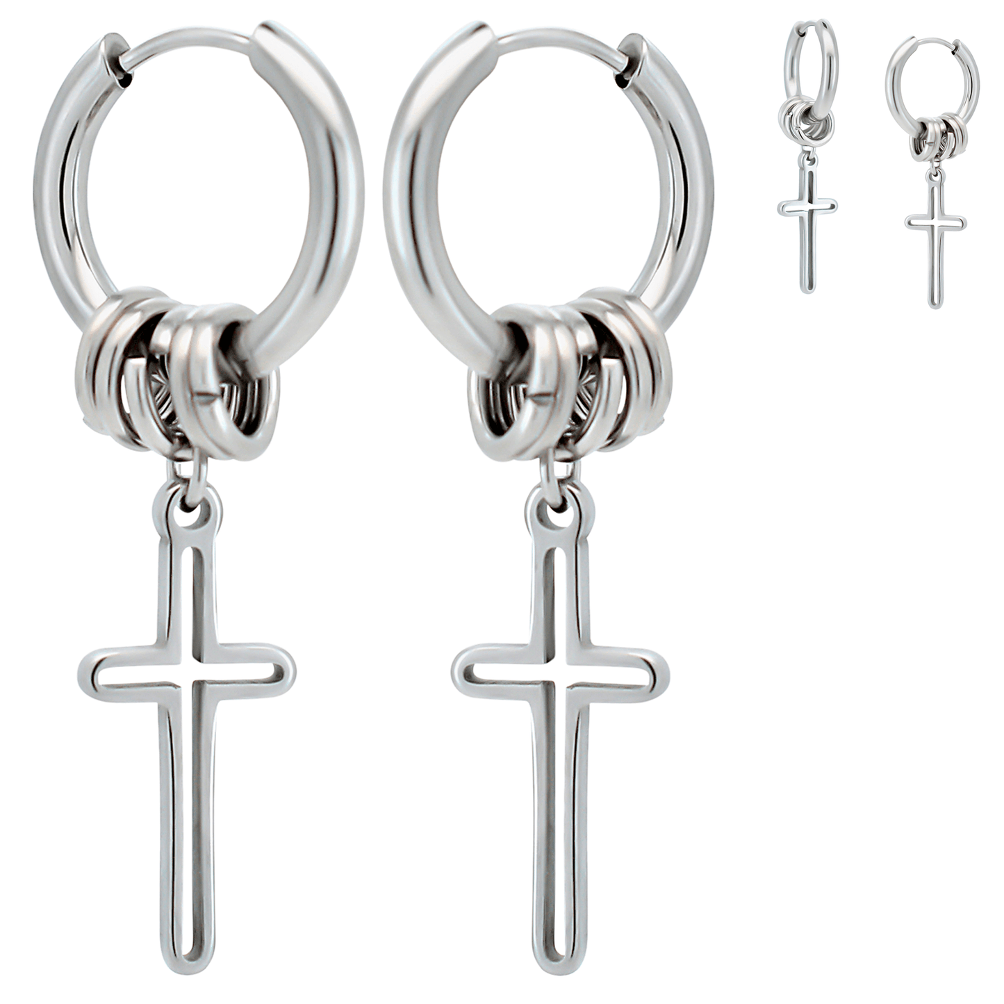 Hypoallergenic 316L Stainless Steel Huggies with 5 Rings & Dangling Cross – Steel Clip-On Earrings