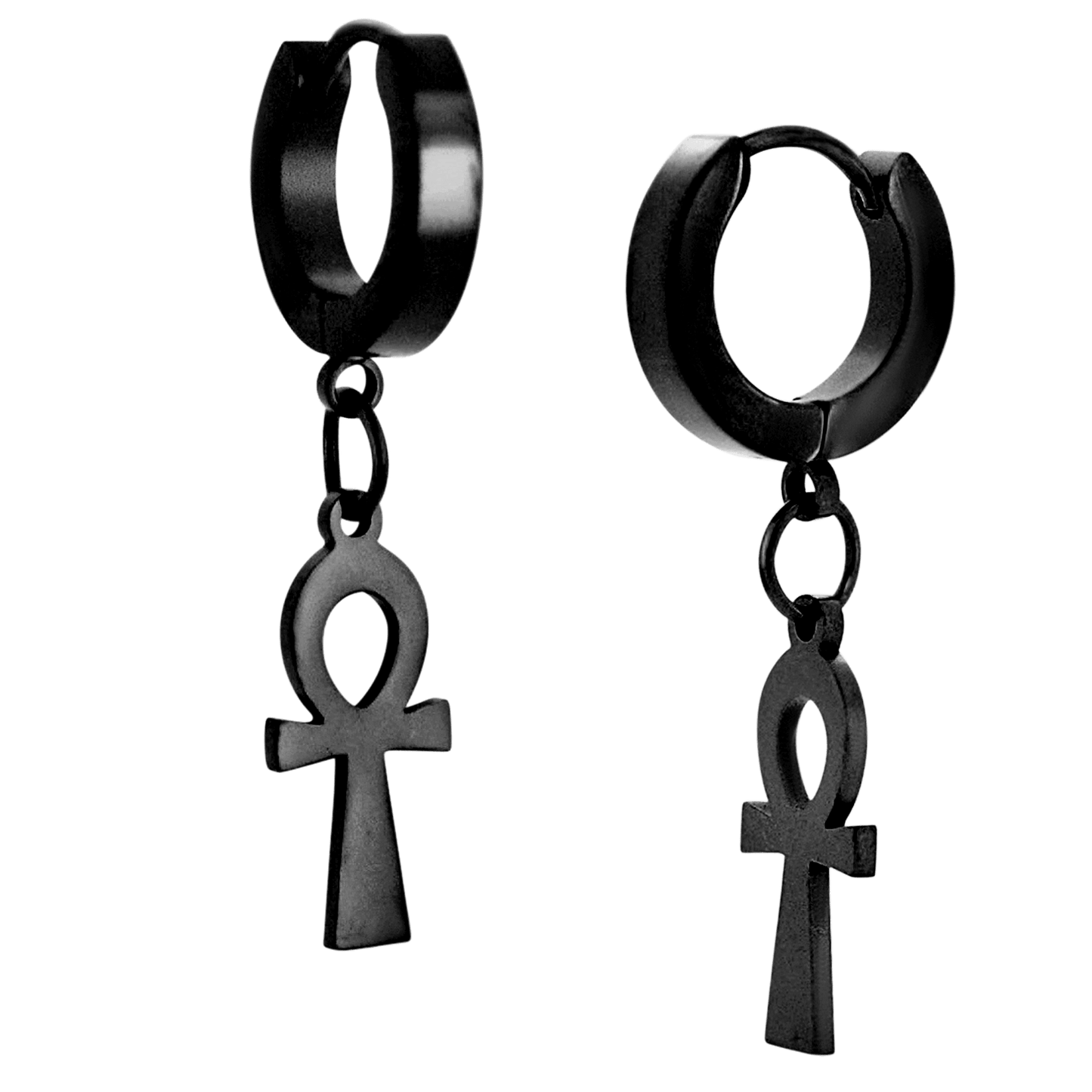 Hypoallergenic 316L Stainless Steel Dangling Ankh Cross Huggies – Steel, Gold, Black & Rainbow Plated Clip-On Earrings