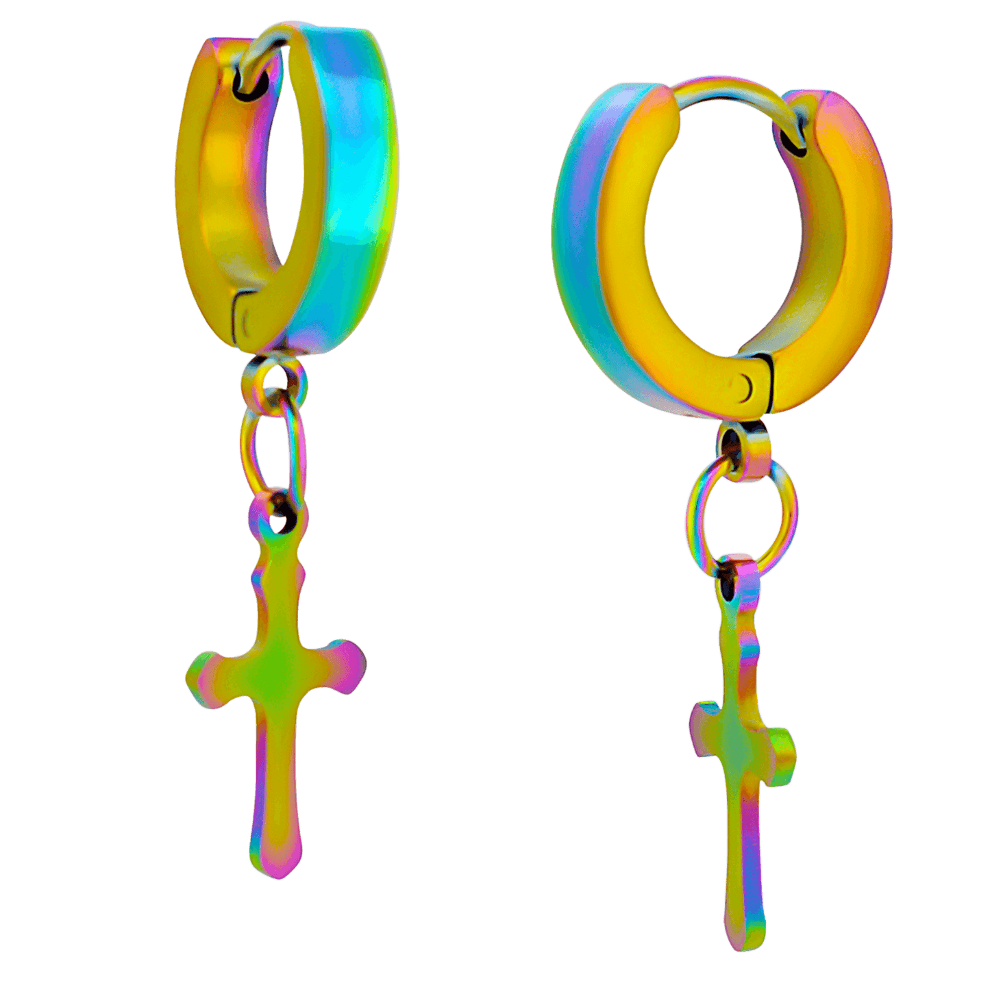 Hypoallergenic 316L Stainless Steel Dangling Cross Huggies – Steel, Gold, Black, Rose Gold & Rainbow Plated Clip-On Earrings