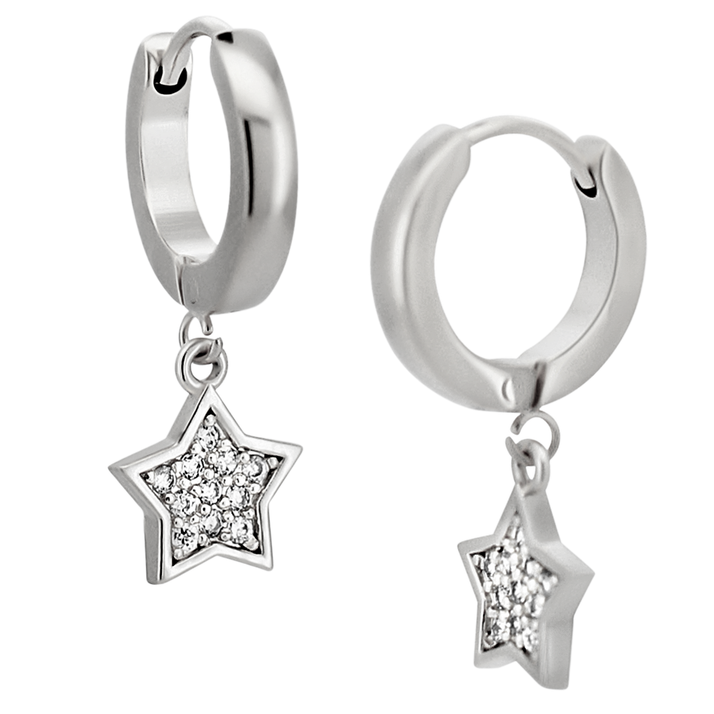 Hypoallergenic 316L Stainless Steel Dangling Star Zircon Huggies – Clip-On Earrings with sparkling star charm.