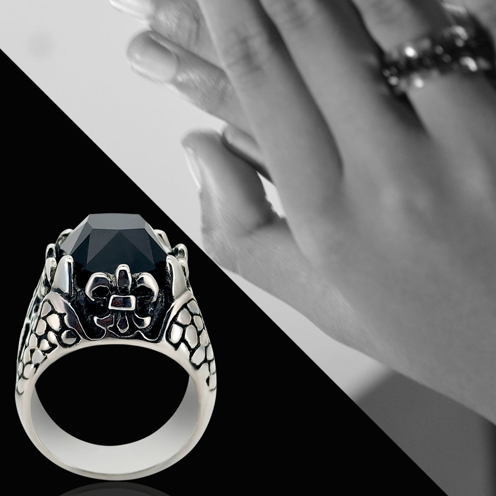 Faceted Onyx Square Gem Royal Fleur De Lis Dragon Claw Cast Ring Stainless Steel