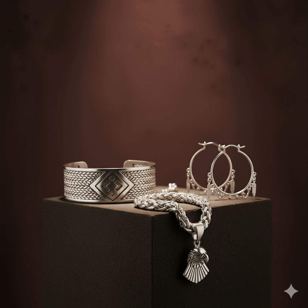 Silver Jewelry collection featuring a braided bracelet, elegant hoop earrings, and a pendant necklace.
