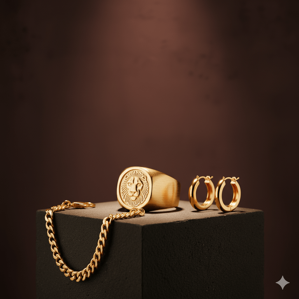 14k Gold Jewelry featuring a lion ring and hoop earrings displayed elegantly on a pedestal.