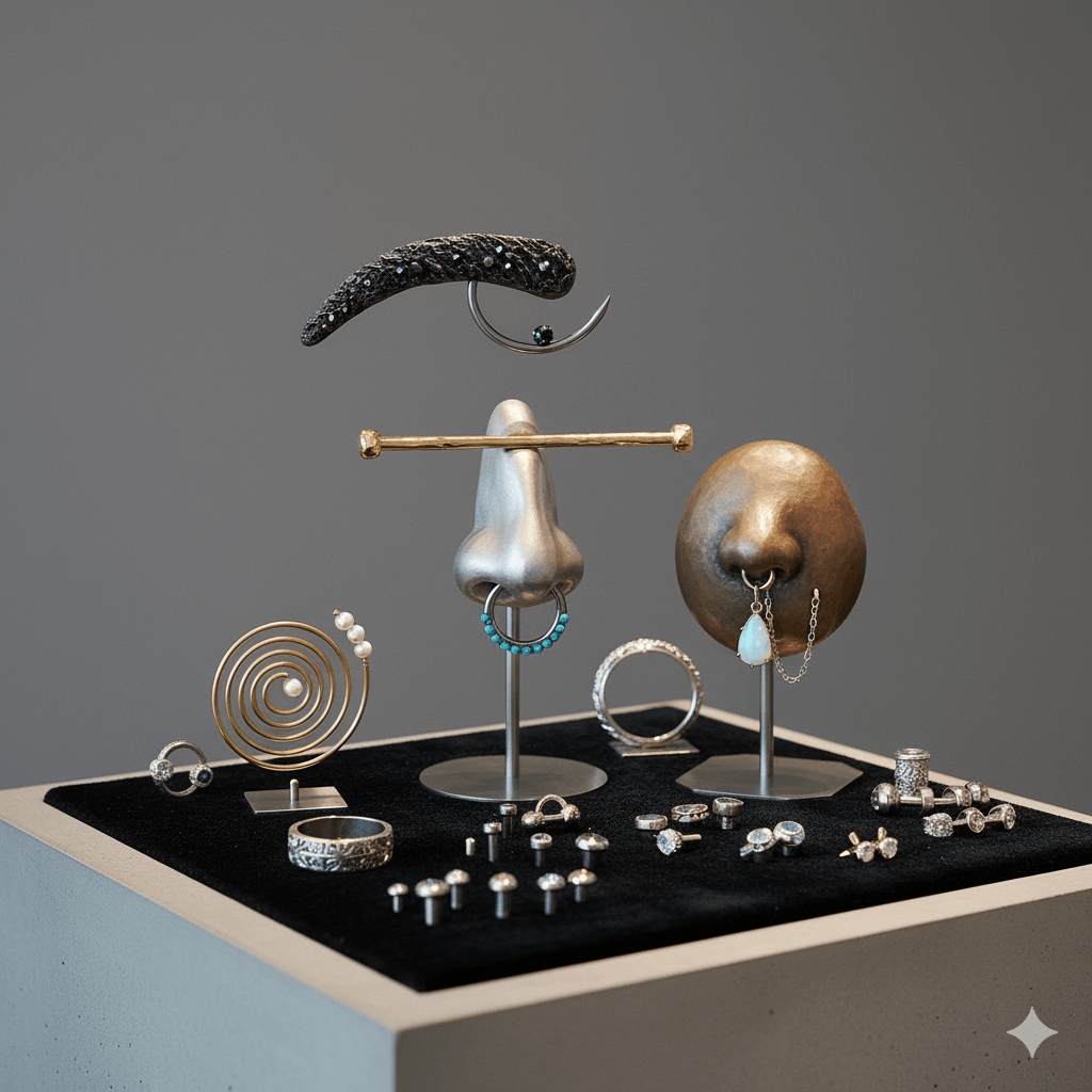 Body Jewelry display featuring various nose rings and body piercings in stainless steel and silver for bold expression.