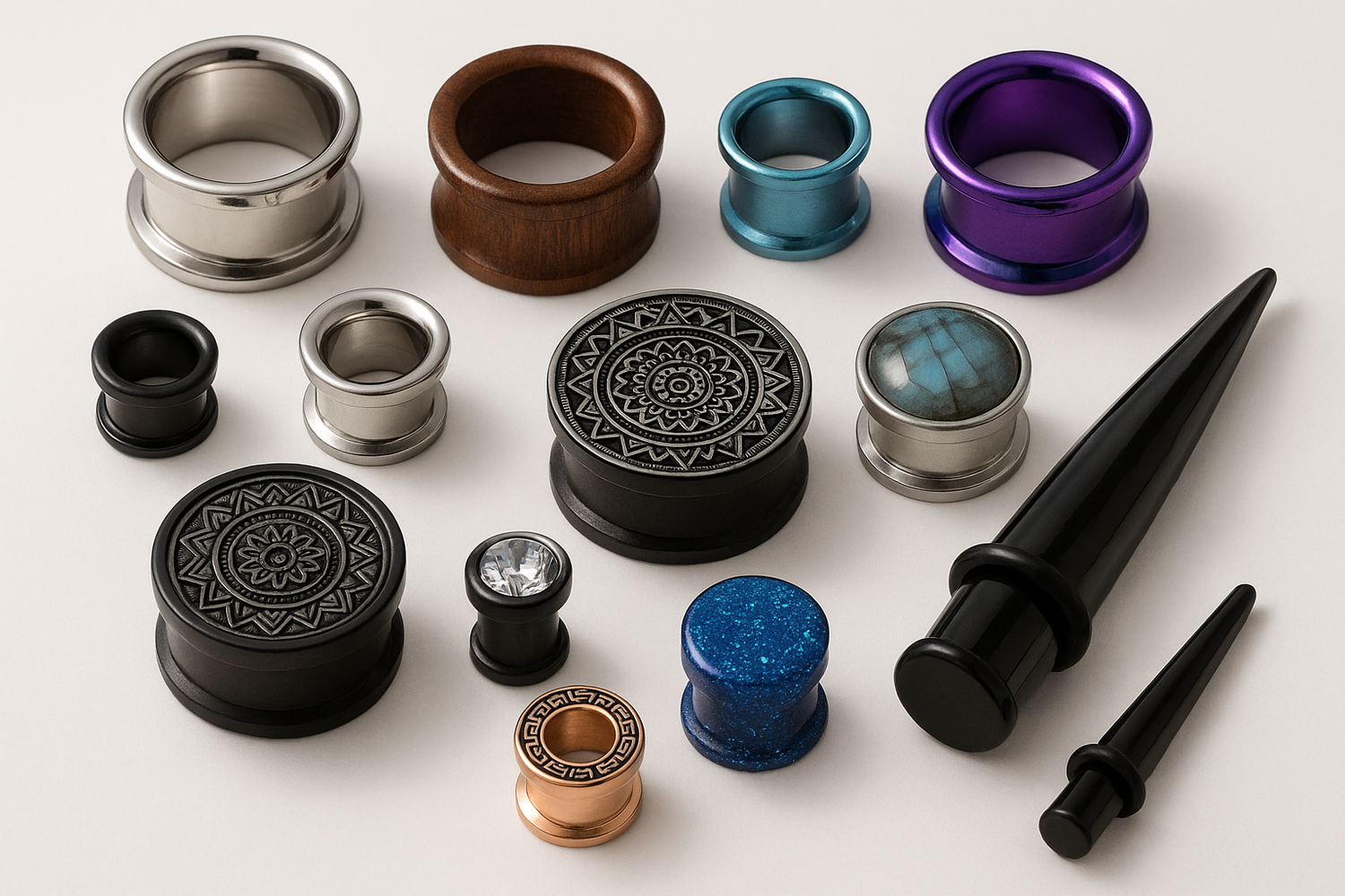 Ear Gauges - Plugs showcasing various designs, materials, and sizes in a creative arrangement.