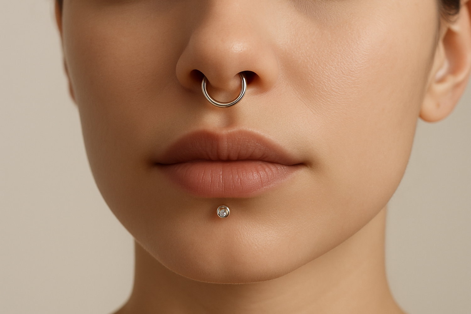 Close-up of a model showcasing Lip | Septum Piercing with a hoop and jewel stud in a minimalist style.