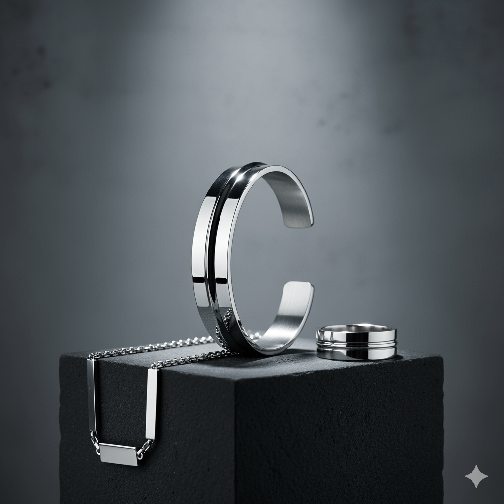 Stainless Steel jewelry collection featuring a bracelet, ring, and necklace showcasing durability and elegance.