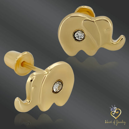 Adorable 14k Gold Elephant Baby Earrings with CZ & Safety Screw Back