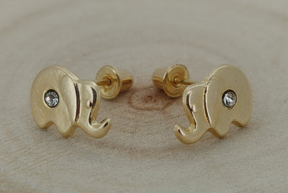 Adorable 14k Gold Elephant Baby Earrings with CZ & Safety Screw Back