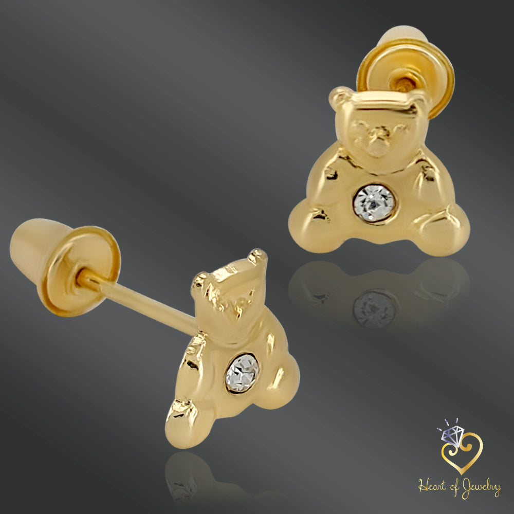 14K Solid Gold Baby Bear Earrings with Cubic Zirconia – Adorable & Safe for Infants