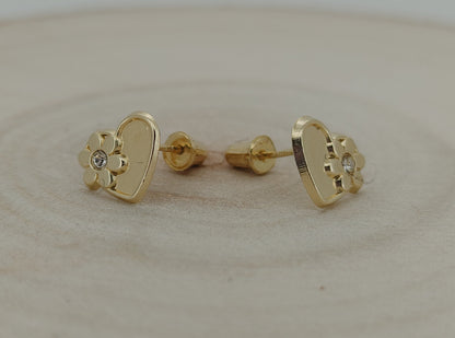 Dainty 14K Gold Heart Baby Earrings with CZ – Sweet & Safe for Little Ears