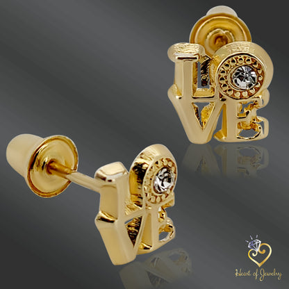 14K Solid Gold Love-Carved Baby Earrings with CZ – Secure Screw Backs for Little Ears