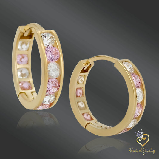 14K Solid Gold Huggie Earrings with Clear & Pink CZ – Dainty Sparkle for Everyday Glam