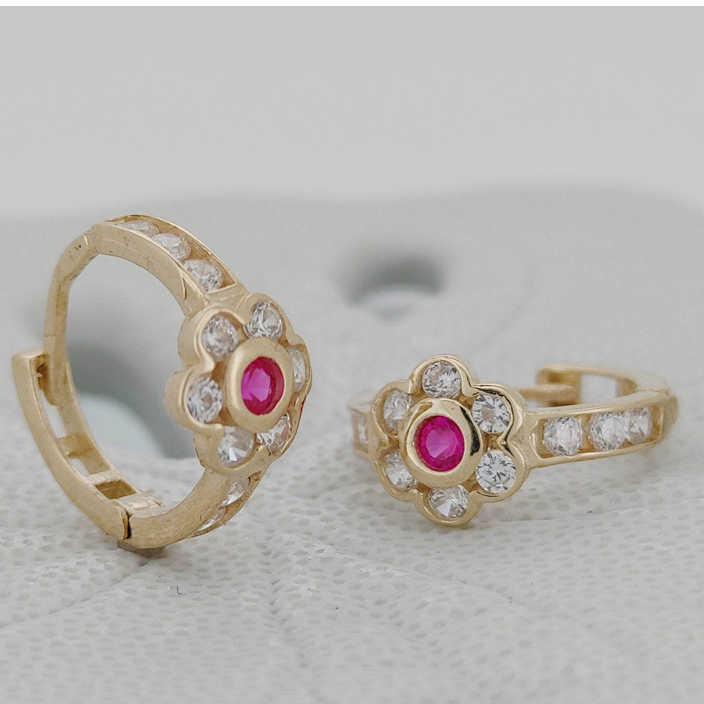 14K Solid Gold Flower-Embossed Earrings with Pink & Clear CZ – Dainty Floral Sparkle