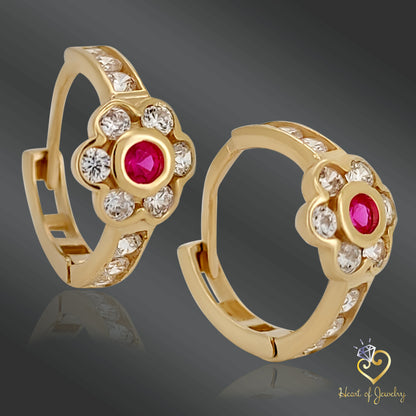 14K Solid Gold Flower-Embossed Earrings with Pink & Clear CZ – Dainty Floral Sparkle