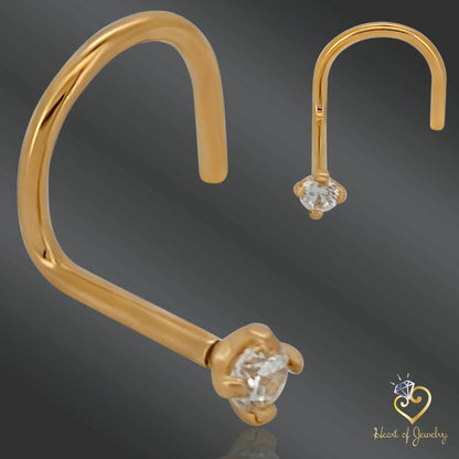 14K Gold Round Nose Stud – Prong Set, Screw Style, 20 Gauge