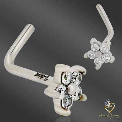 Solid 14K Gold Nose Stud – L Bend Style with Cubic Zirconia Flower, 20 gauge