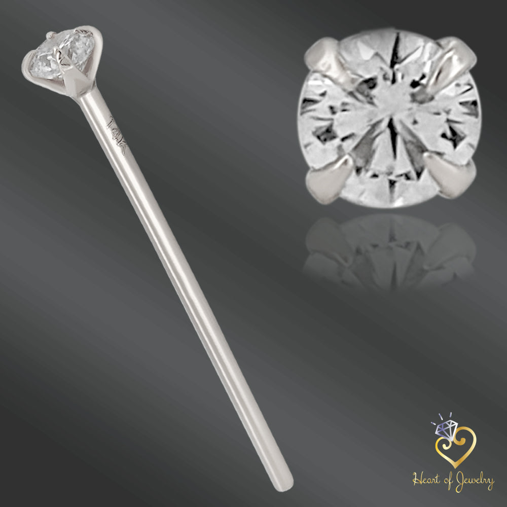Dainty 14K Gold Nose Pin – Fishtail Style with Round CZ Prong Setting, 20 Gauge