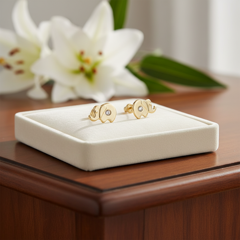 Adorable 14k Gold Elephant Baby Earrings with CZ & Safety Screw Back