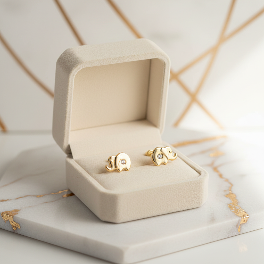 Adorable 14k Gold Elephant Baby Earrings with CZ & Safety Screw Back