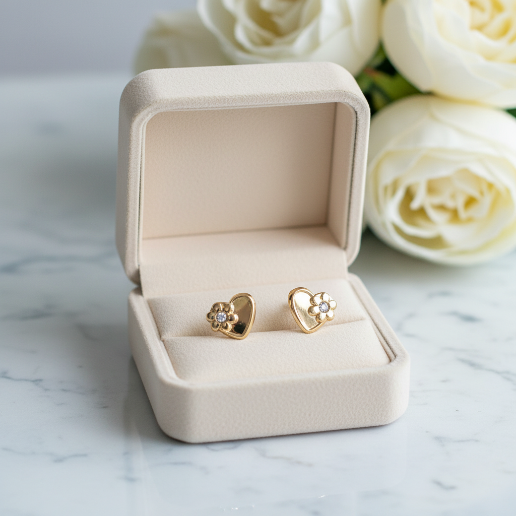 Dainty 14K Gold Heart Baby Earrings with CZ – Sweet & Safe for Little Ears