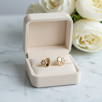 Dainty 14K Gold Heart Baby Earrings with CZ – Sweet & Safe for Little Ears