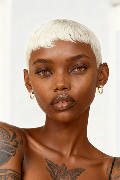 14K Solid Gold Huggie Earrings with Clear & Pink CZ – Dainty Sparkle for Everyday Glam