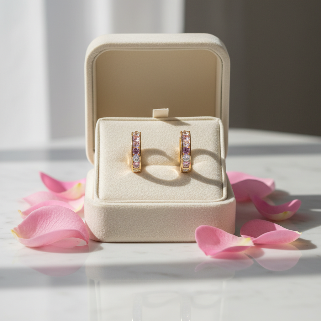 14K Solid Gold Huggie Earrings with Clear & Pink CZ – Dainty Sparkle for Everyday Glam