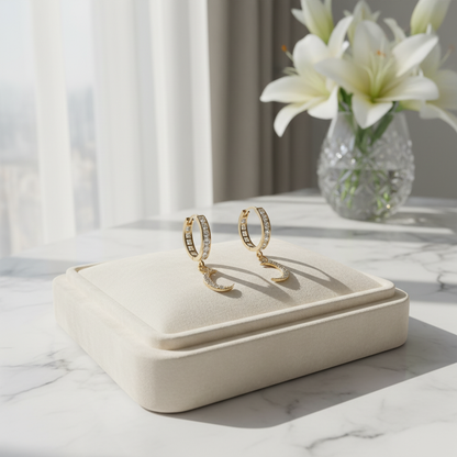 14K Gold Moon Dangle Earrings – Cubic Zirconia Accents for Starry Charm