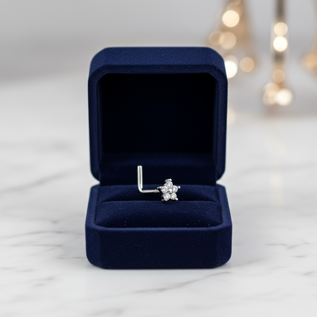 Solid 14K Gold Nose Stud – L Bend Style with Cubic Zirconia Flower, 20 gauge