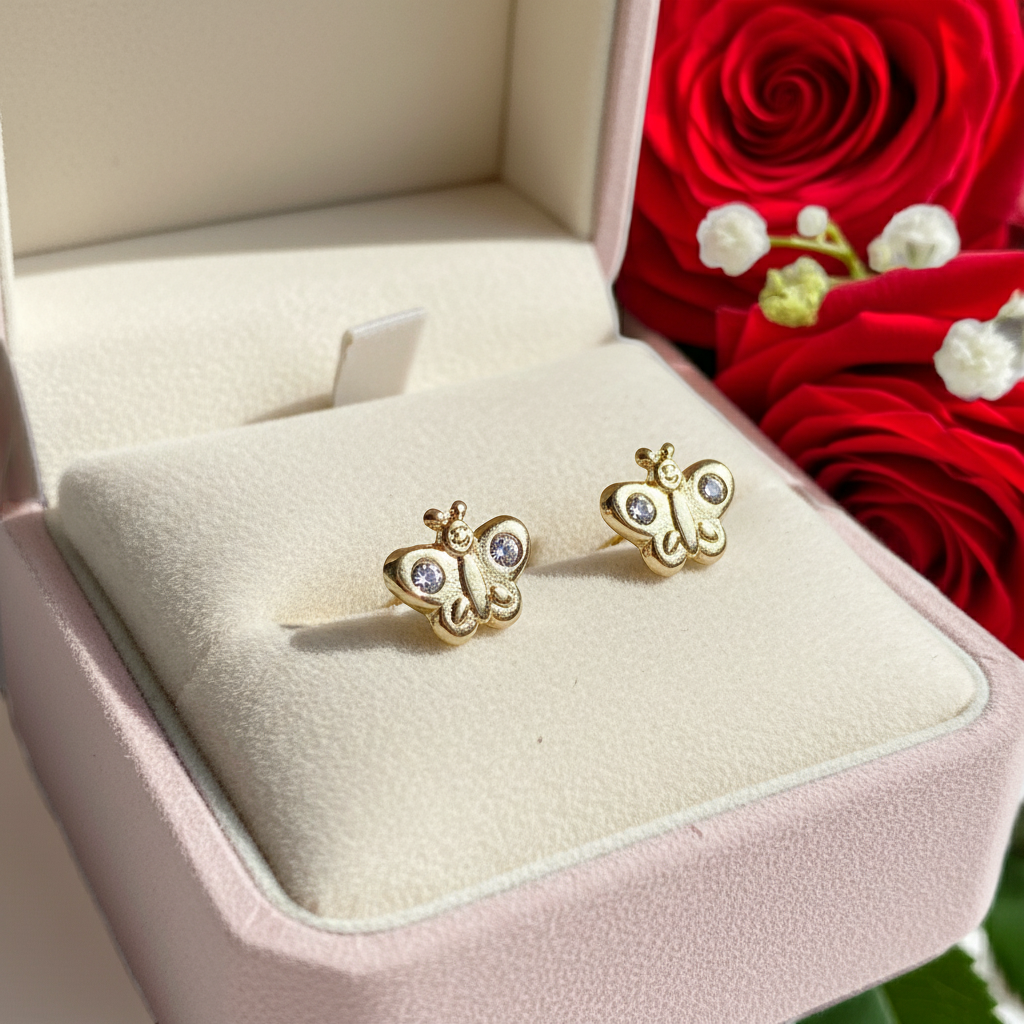 14K Solid Gold Butterfly Baby Earrings with CZ – Dainty & Safe for Little Ears