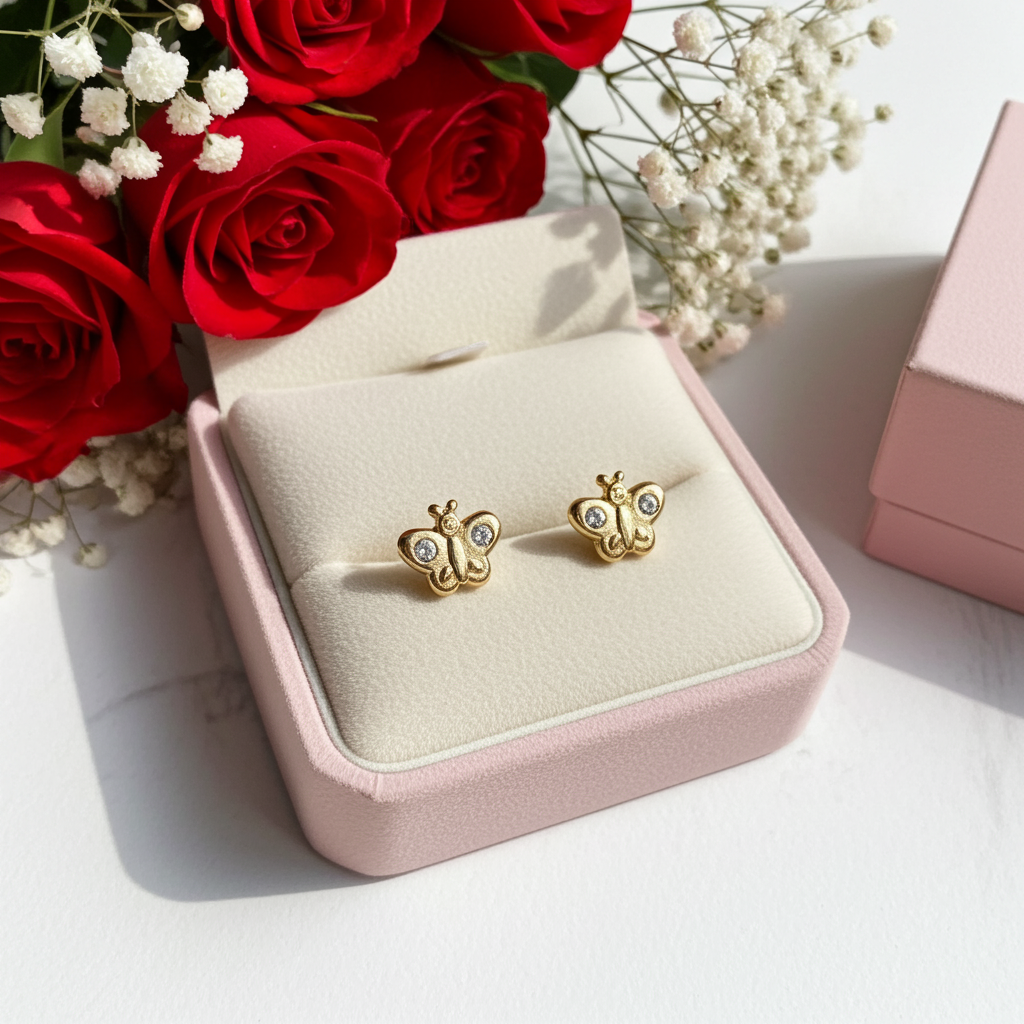 14K Solid Gold Butterfly Baby Earrings with CZ – Dainty & Safe for Little Ears