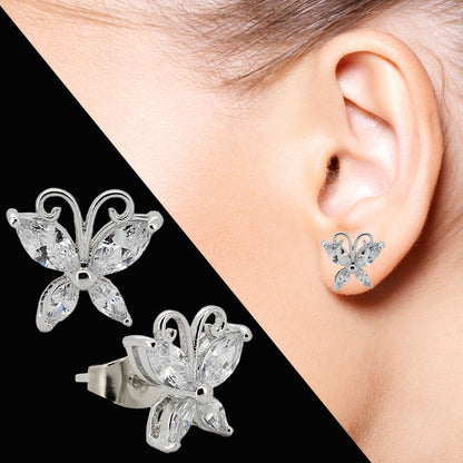 925 Sterling Silver Butterfly Stud Earrings – Sparkling CZ Wings for a Graceful Look