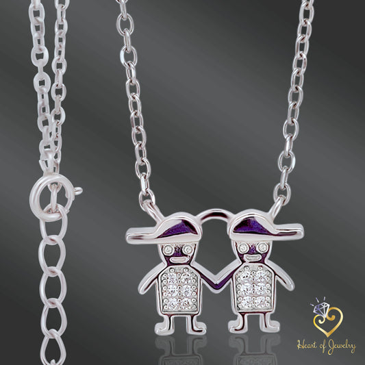 Two Little Boy Pendant Necklace in 925 Sterling Silver – 16" + 1" Adjustable Cable Link Chain