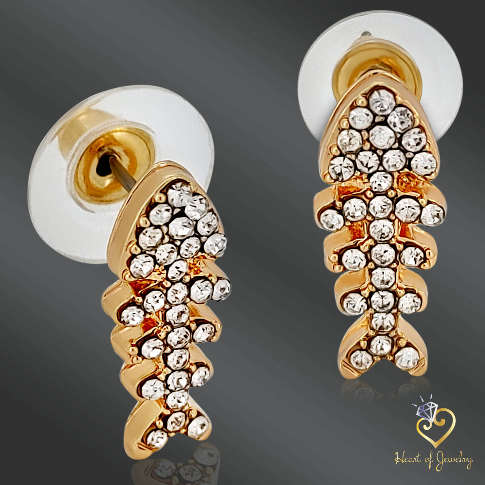 Brass Fishbone Stud Earrings – Gold Finish with Crystal Shine