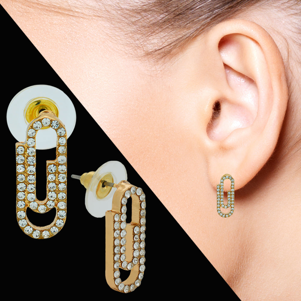 Gold Paperclip Stud Earrings – Crystal Rhinestones on Brass