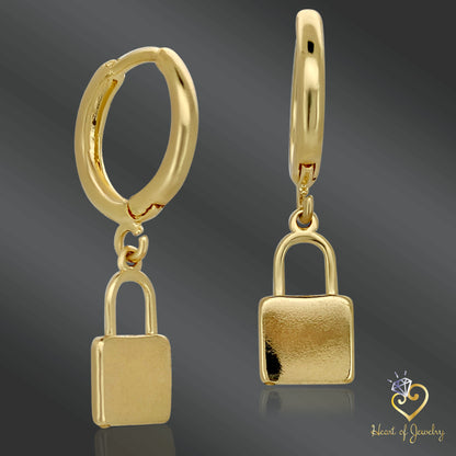14K Gold Plated Little Lock Charm Huggies Hoop Earrings – Stainless Steel Base