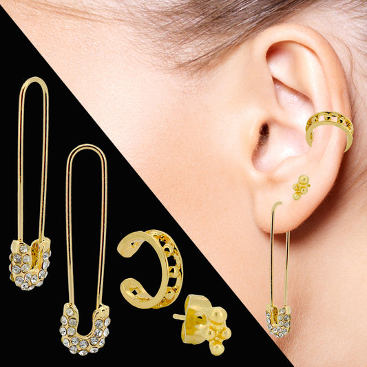 Edgy Gothic Safety Pin Studs – 4pcs Crystal CZ & Brass Statement Earrings for Women