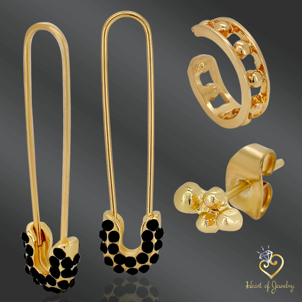 Edgy Gothic Safety Pin Studs – 4pcs Crystal CZ & Brass Statement Earrings for Women