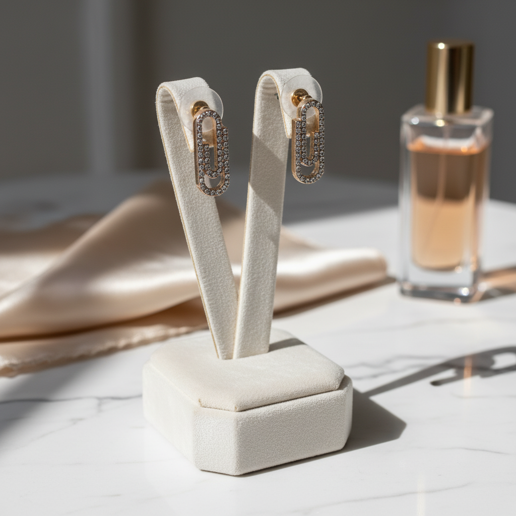 Gold Paperclip Stud Earrings – Crystal Rhinestones on Brass