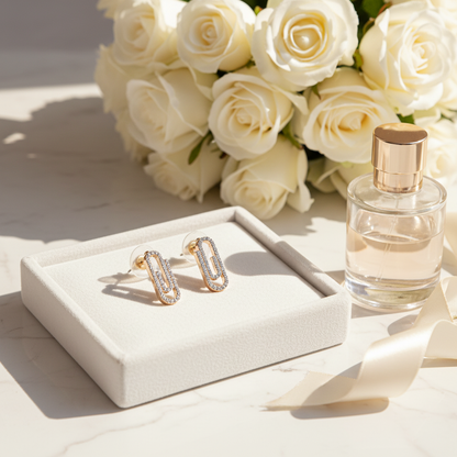 Gold Paperclip Stud Earrings – Crystal Rhinestones on Brass