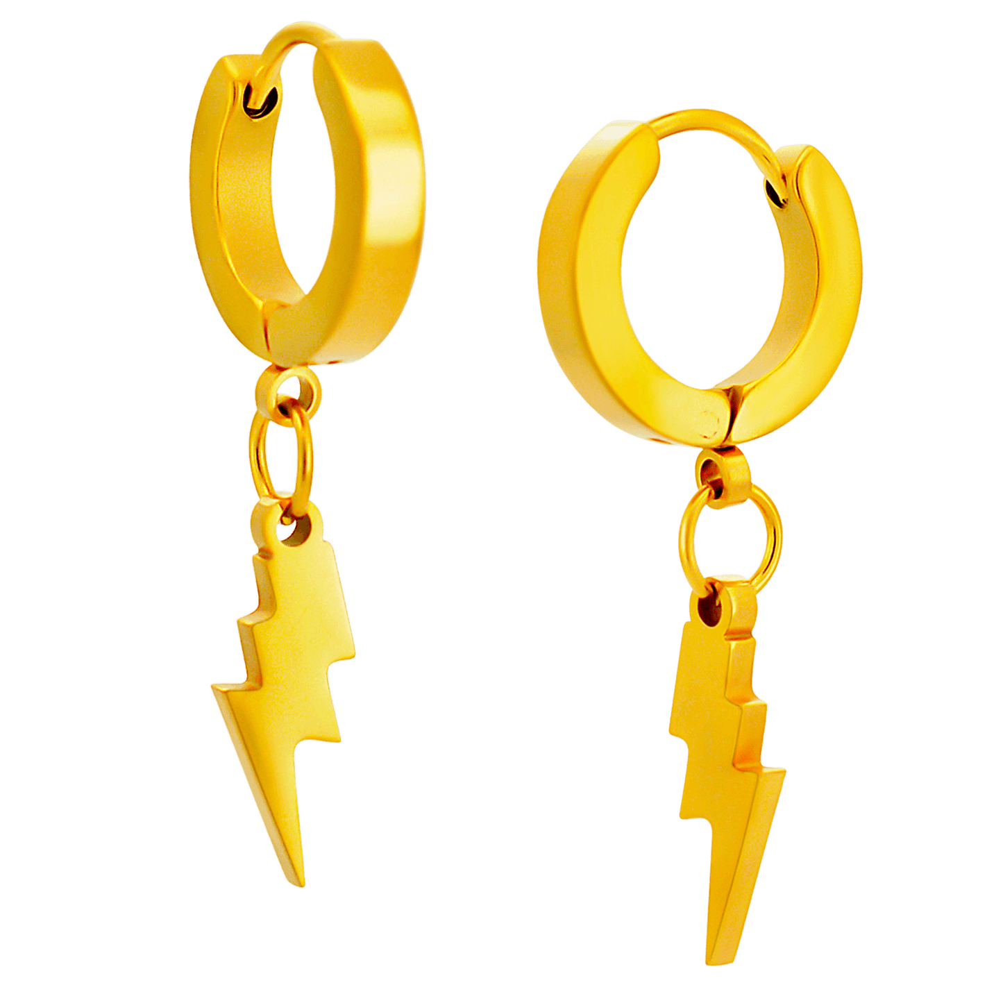 Hypoallergenic Stainless Steel Huggies Hoop Earrings with Dangling Lightning Bolt – Steel, Gold & Black Plated