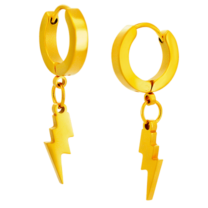 Hypoallergenic Stainless Steel Huggies Hoop Earrings with Dangling Lightning Bolt – Steel, Gold & Black Plated