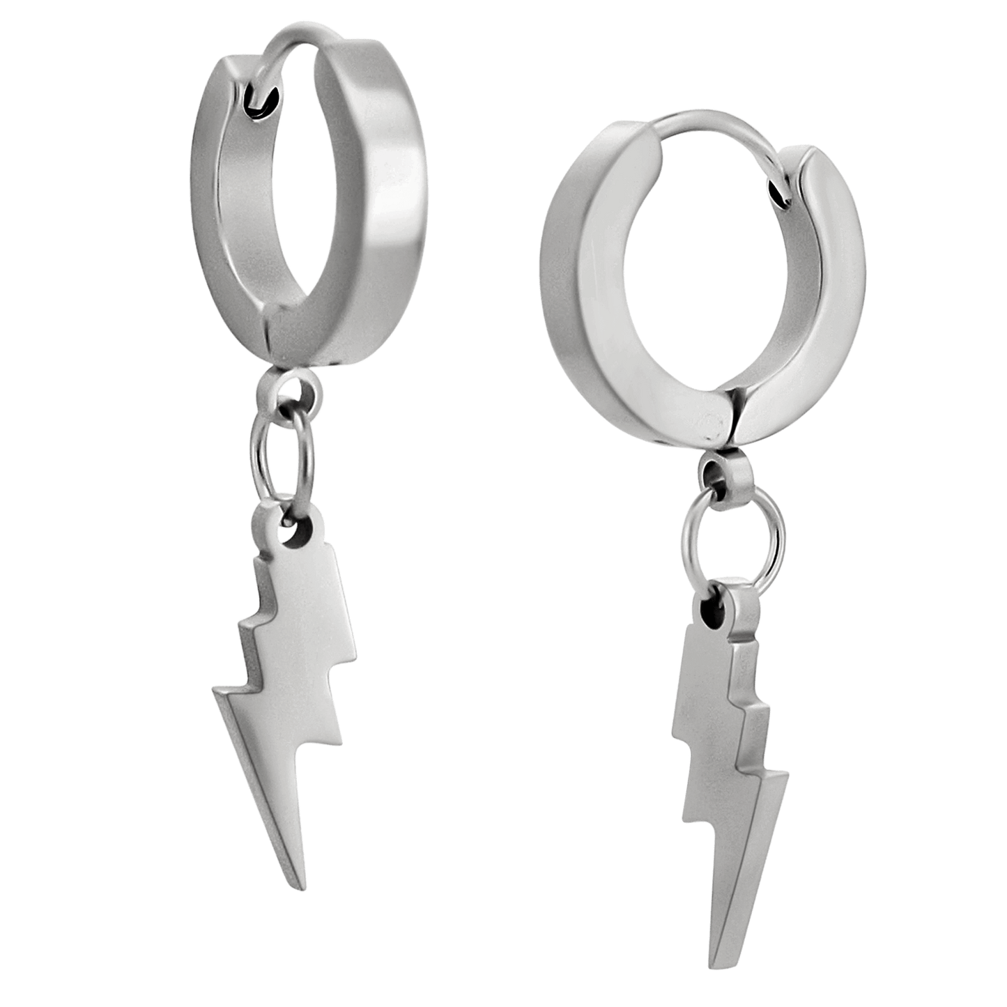 Hypoallergenic Stainless Steel Huggies Hoop Earrings with Dangling Lightning Bolt – Steel, Gold & Black Plated