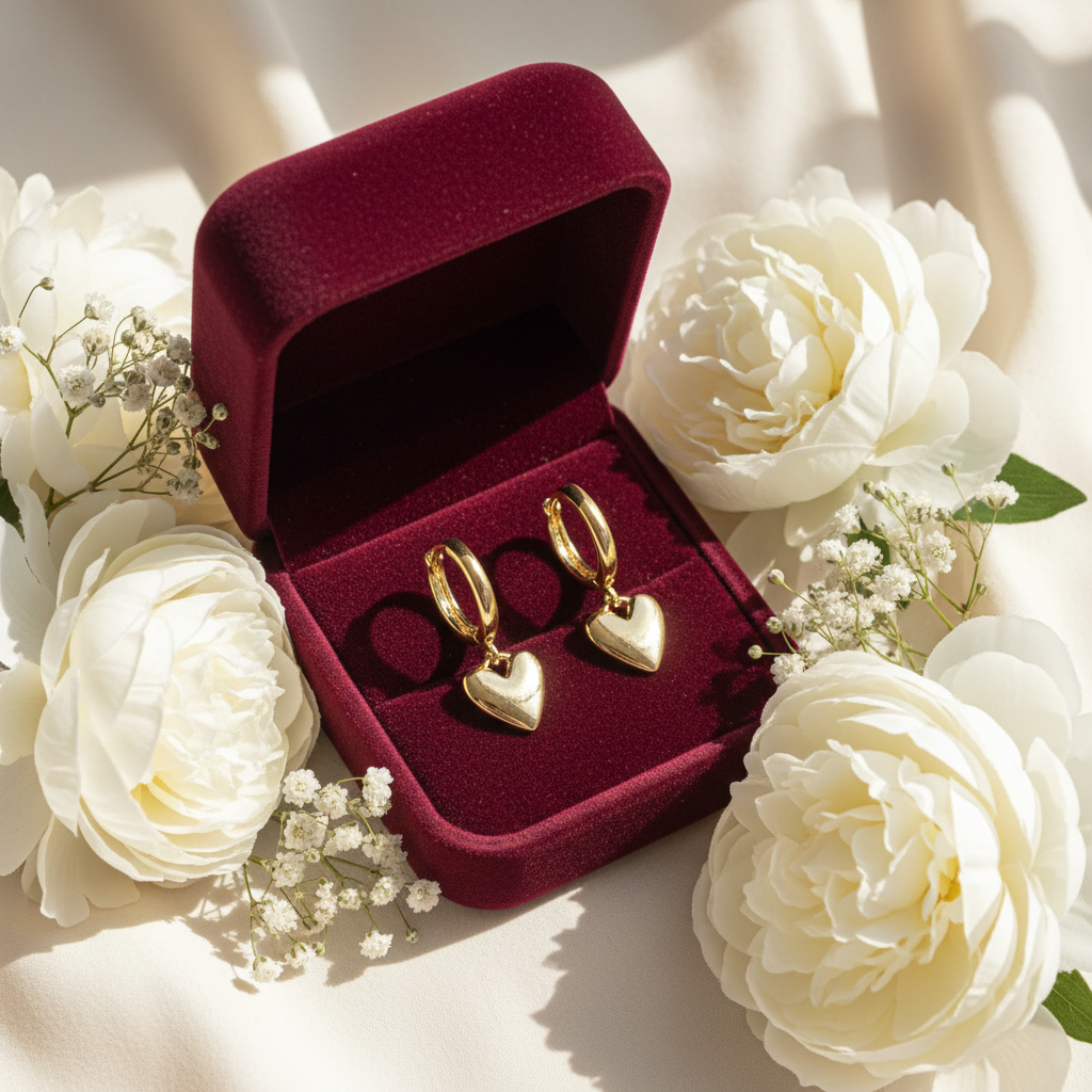 14K Gold-Plated Heart Charm Huggies Hoops – Hypoallergenic Steel