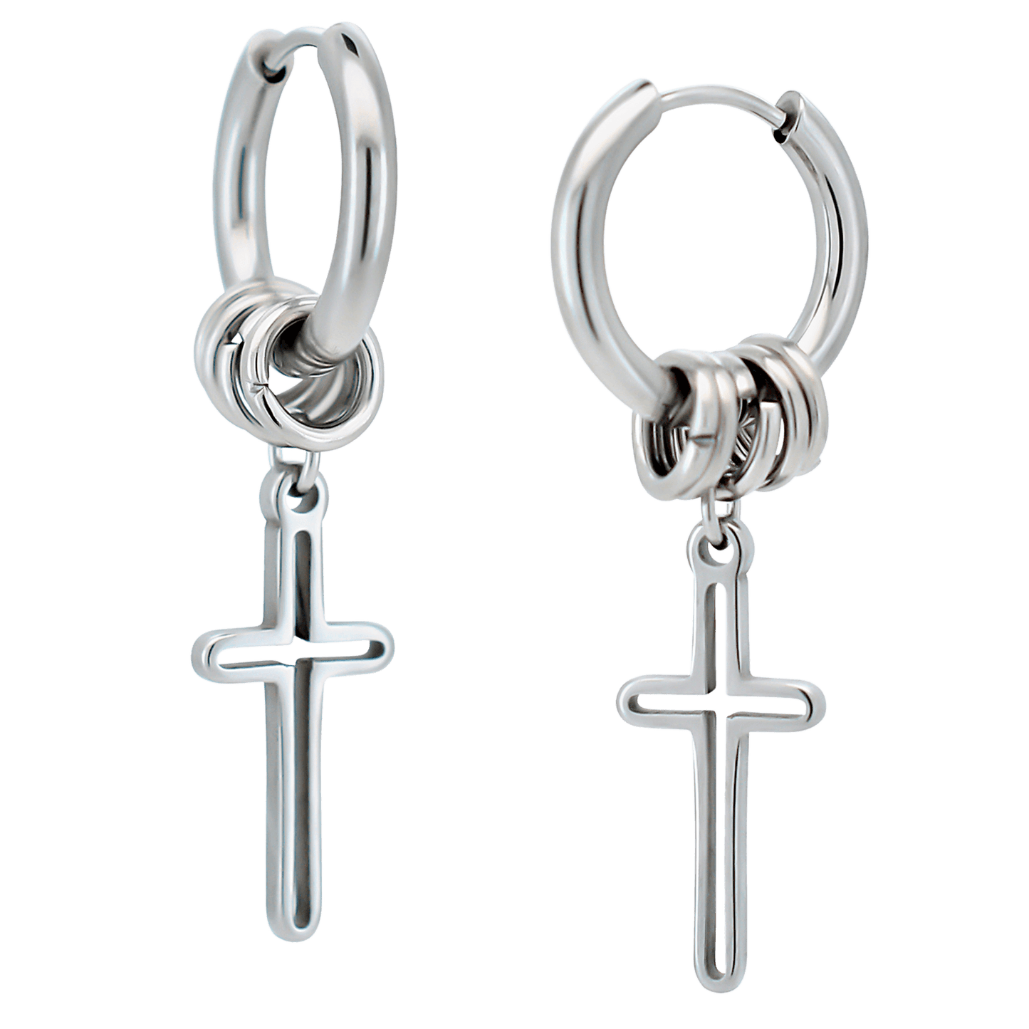 Hypoallergenic 316L Stainless Steel Huggies with 5 Rings & Dangling Cross – Steel Clip-On Earrings.