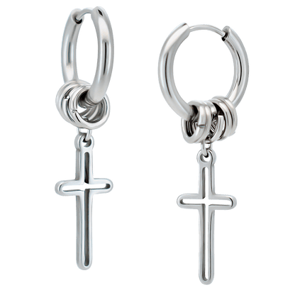 Hypoallergenic 316L Stainless Steel Huggies with 5 Rings & Dangling Cross – Steel Clip-On Earrings.