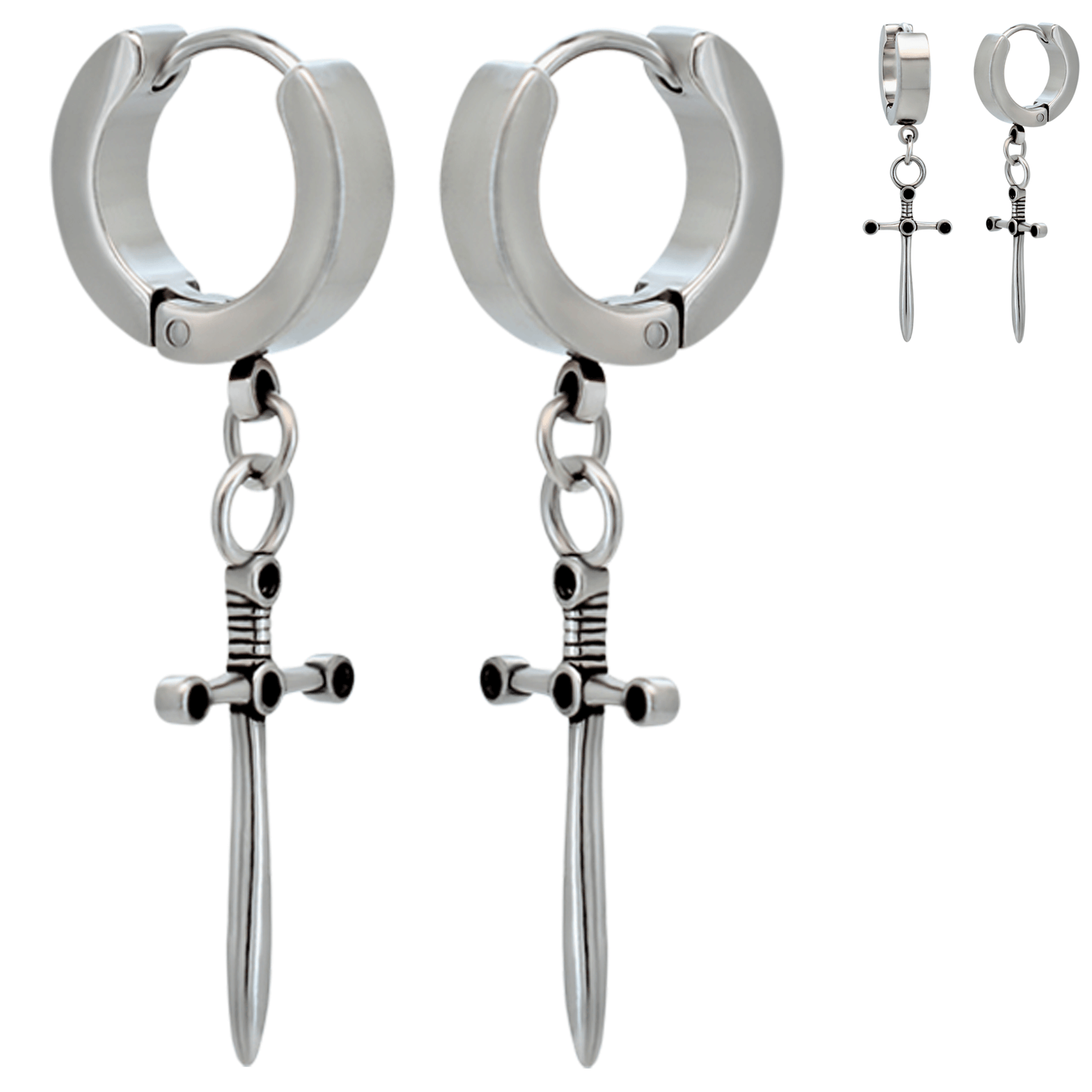 Hypoallergenic 316L Stainless Steel Medieval Dagger Huggies Hoop Earrings – Steel Plated Ear Piercing Design.